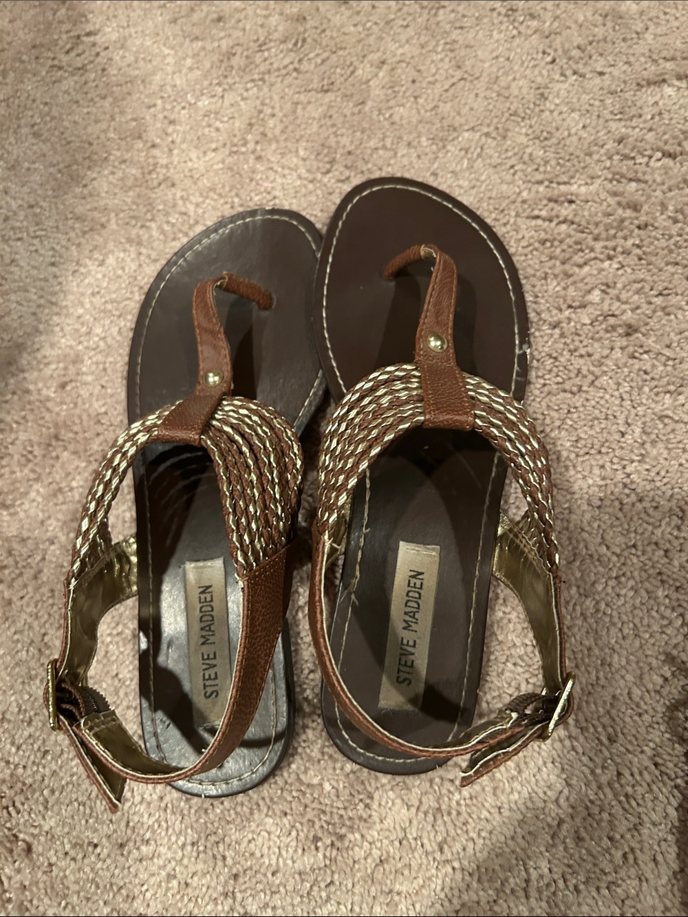 Steve Madden Brown and Gold Braided Thong Sandals